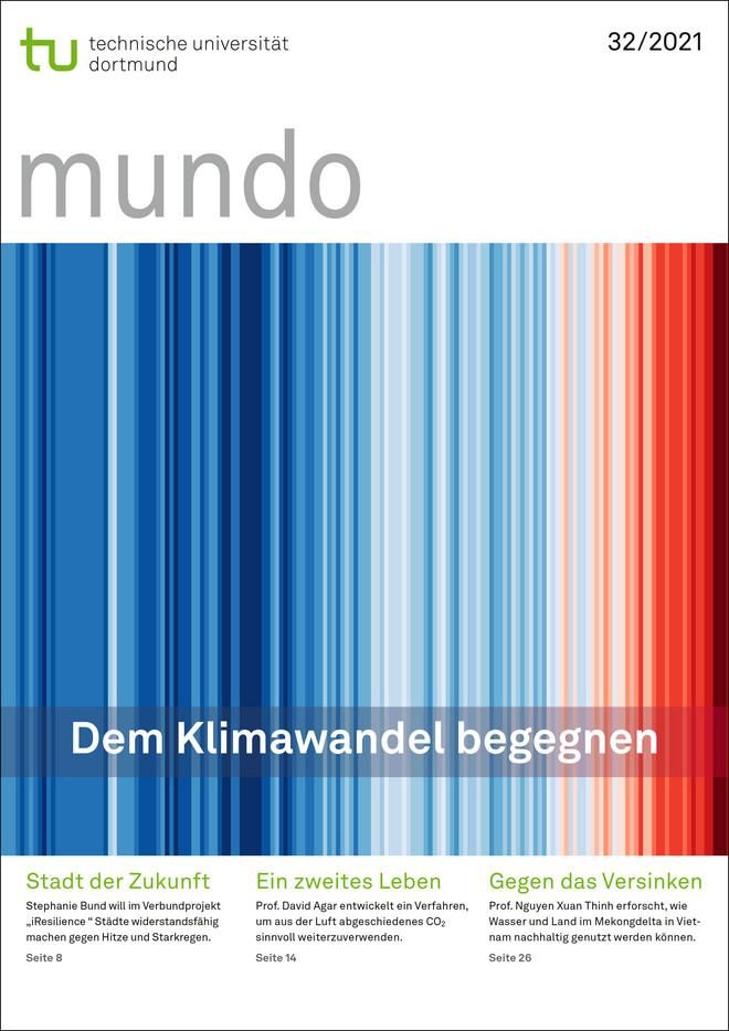 Cover des Magazins mundo mit der Grafik "Warming Stripes" als Titelbild und dem Titelthema "Dem Klimawandel begegnen"