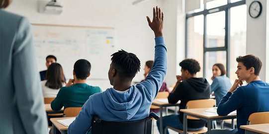 Schüler im Rollstuhl hebt im Klassenraum seine Hand