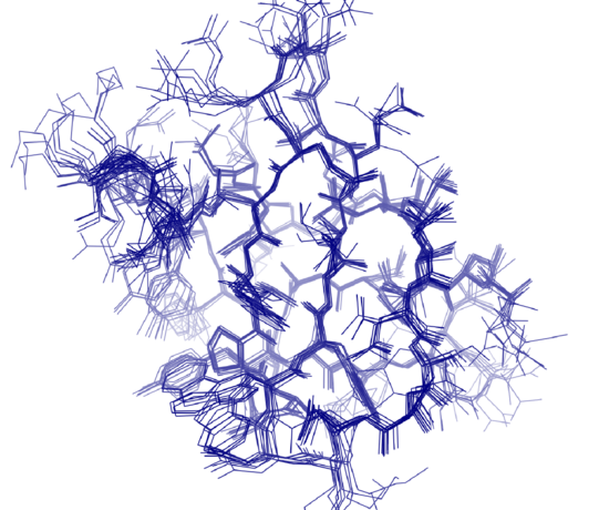 A graphic showing in blue a protein structure on a white background.