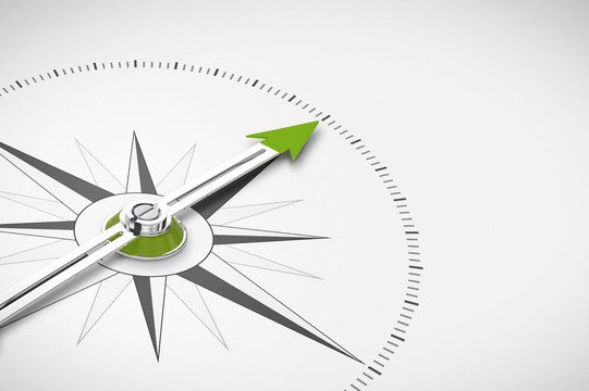 A compass on a white background, with a needle that has a green tip, pointing in an undefined direction