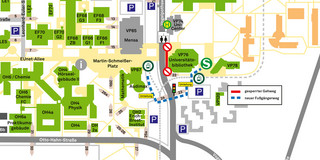 Campusplan, auf dem gesperrter Gehweg und neuer Fußgängerweg eingezeichnet sind