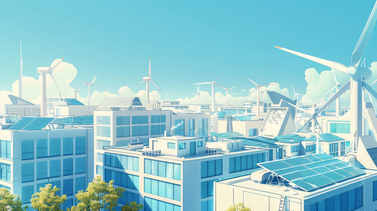 Model einer Stadt mit vielen Windkraftanlagen und Photovoltaik-Anlagen auf den Dächern.