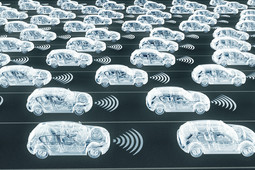 Mit Computer und Künstlicher Intelligenz erzeugte Verkehrssituation mit simulierten Autos