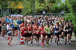 Laufstart Viele Menschen laufen gleichzeitig und sehr schnell über die Startlinie