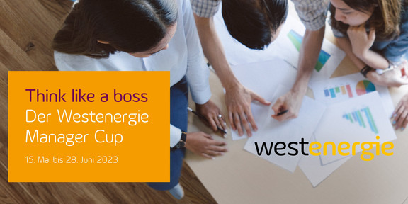 Westenergie Manager Cup Im Hintergrund ein Bild aus der Vogelperspektive von Menschen, die um einen Tisch stehen, vorne ein Banner mit den Infos zum Westenergie Manager Cup.
