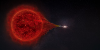 Artistic representation of the transfer of material from a red giant to a white dwarf.