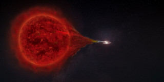 Artist’s impression of material transfer from a red giant to a white dwarf.