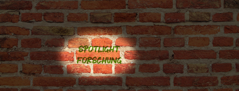Rote Ziegelsteinwand, auf die ein Lichtkegel fällt. Dort steht in grüner Farbe geschrieben: Spotlight Forschung
