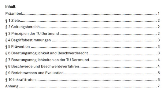 Inhalt der Richtlinie zum Schutz vor Diskriminierung und sexualisierter Gewalt an der TU Dortmund. Auflistung der Abschnitte mit Seitenzahlen: Präambel, Ziele, Geltungsbereich, Prinzipien, Begriffsbestimmungen, Prävention, Beratungs- und Beschwerdemöglichkeiten, Beschwerdeverfahren, Berichtswesen und Evaluation, Anhang.