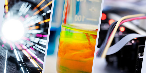 Collage aus drei Fotos, die Laserpulse, ein Lösungsmittel und Datenkabel zeigen