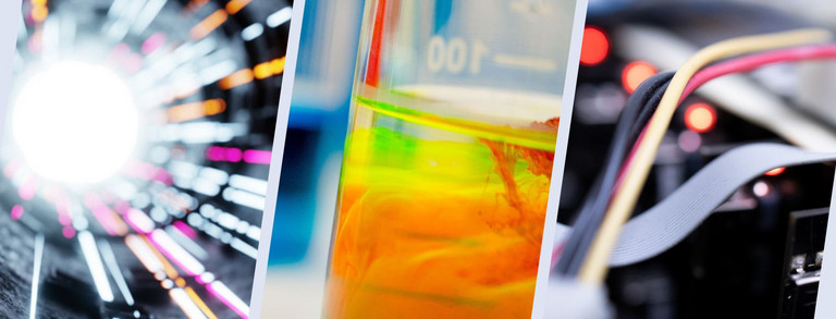 Collage aus drei Fotos, die Laserpulse, ein Lösungsmittel und Datenkabel zeigen