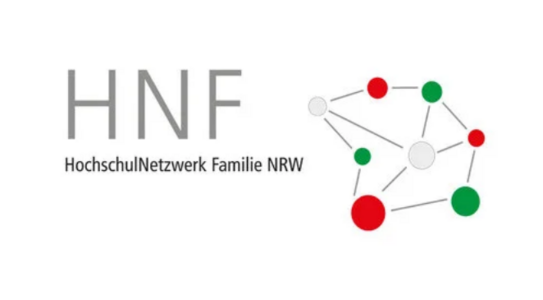 Logo of HochschulNetzwerk Familie NRW with acronym HNF and network of connected circles