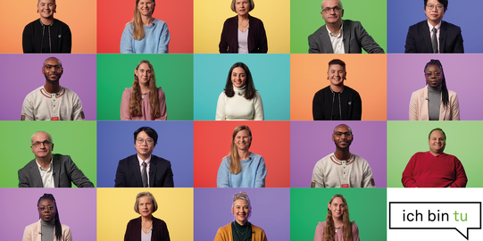 19 people are arranged individually against colorful backgrounds in a rectangle with 4x5 tiles. The bottom rightmost tile contains a speech bubble with the words "I am tu".