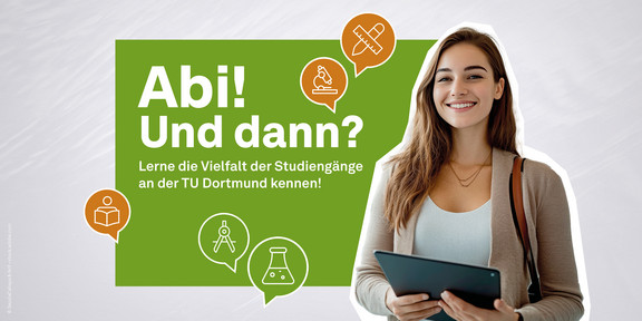 Eine junge Frau, die ein Tablet hält. Daneben ein grüner Kasten mit weißem Schriftzug.