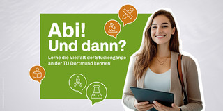 Eine junge Frau, die ein Tablet hält. Daneben ein grüner Kasten mit weißem Schriftzug. 