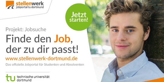 Flyer for a job board with a portrait of a person on the right and gray-orange font on the left