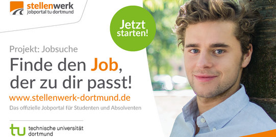 Flyer für eine Jobbörse mit einem Portrait einer Person rechts und grau-orangener Schrift links