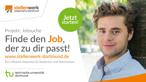 Flyer für eine Jobbörse mit einem Portrait einer Person rechts und grau-orangener Schrift links