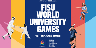Keyvisual der Rhein Ruhr Games mit Titel, Logo sowie Fotos aus drei Sportarten, links und rechts bunte Blockstreifen