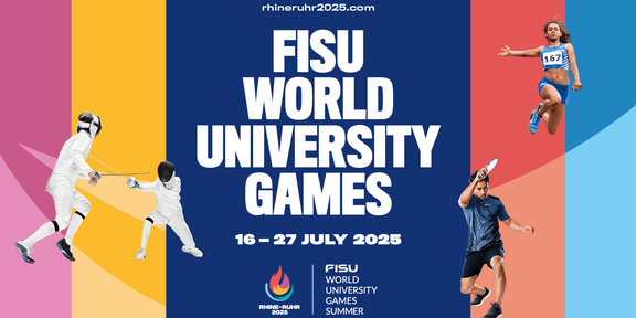 Keyvisual der Rhein Ruhr Games mit Titel, Logo sowie Fotos aus drei Sportarten, links und rechts bunte Blockstreifen