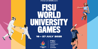 Keyvisual der Rhein Ruhr Games mit Titel, Logo sowie Fotos aus drei Sportarten, links und rechts bunte Blockstreifen