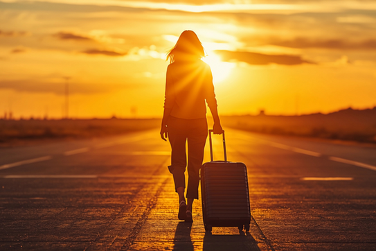 Eine junge Frau mit Rollkoffer geht in den Sonnenuntergang