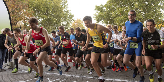 The runners begin the race across the starting line