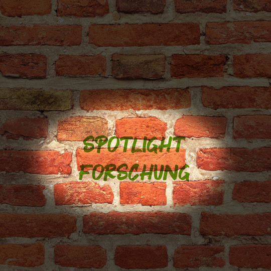 Lichtkegel auf einer Wand. Dort steht in grün "Spotlight Forschung" geschrieben