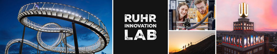 A collage with photos and the Ruhr Innovation Lab logo: The collage shows photos of the Tiger & Turtle sculpture, two people and a 3D printer, the Dortmunder U at sunset, and the Rheinelbe slag heap in Gelsenkirchen.