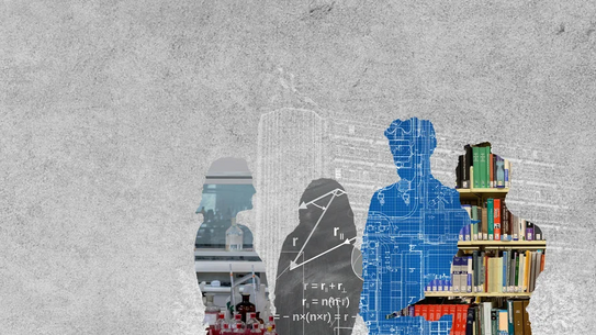 Silhouetten von Personen mit wissenschaftlichen Formeln, Stadtansicht und Bücherregal vor grauem Hintergrund