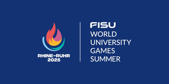 Zu sehen ist das Logo der Rhine-Ruhr 2025 FISU World University Games. Es hat einen dunkelblauen Hintergrund mit weißer Aufschrift. 