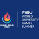 Zu sehen ist das Logo der Rhine-Ruhr 2025 FISU World University Games. Es hat einen dunkelblauen Hintergrund mit weißer Aufschrift. 