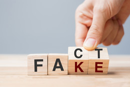 November Vier hintereinander aufgereihte Holzwürfel ergeben die Wörter "Fact" und "Fake".