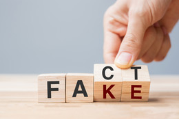 Vier hintereinander aufgereihte Holzwürfel ergeben die Wörter "Fact" und "Fake".