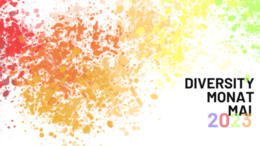 Bunte, regenbogenfarbene Punkte auf weißem Hintergrund, dazu der Schriftzug "Diversity Monat Mai 2023"