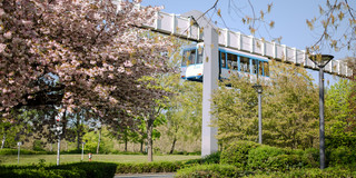 H-Bahn im Frühling Die H-Bahn fährt über den Campus