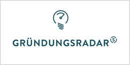 Das Logo zeigt das Wort "Gründungsradar" in blauer Schrift, darüber ist die Skizze eines Glühbirnenumrisses zu sehen. 