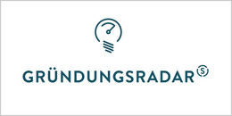März Das Logo zeigt das Wort "Gründungsradar" in blauer Schrift, darüber ist die Skizze eines Glühbirnenumrisses zu sehen.