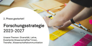Foto mit Text: Das Foto zeigt Hände, die bunte Post-It-Zettel auf einem Plakat arrangieren. In einem weißen Kreis steht folgender Text: "2. Phase gestartet! Forschungsstrategie 2023-2027, Unsere Themen: Diversität, Lehre, Exzellente Wissenschaftler*innen, Transfer, Wissenschaftskommunikation"