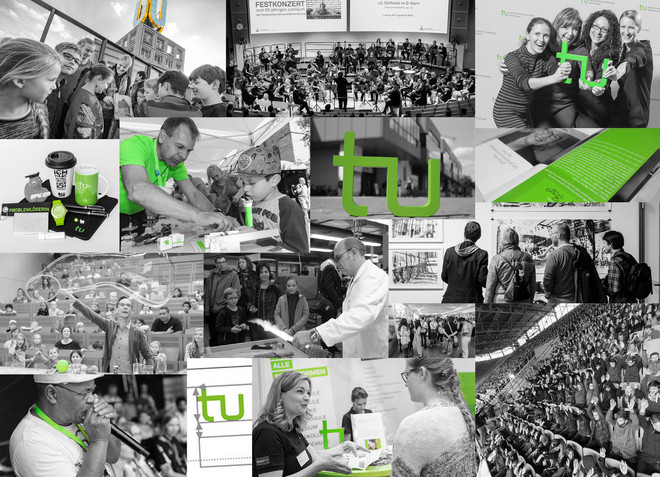 Black, white and green collage of photos with acitivites by the Office of University Marketing
