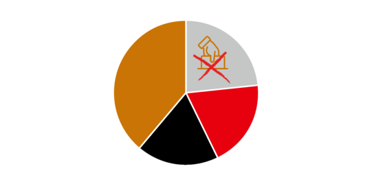 Grafik: Kreisdiagramm mit vier Abschnitten: grauer Abschnitt mit einem durchgestrichenen Wahl-Symbol (ca 24 Prozent), roter Abschnitt 20 Prozent, schwarzer Abschnitt ca 20 %, großer oranger Abschnitt.