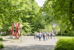 Mehrere Studierende gehen über einen Weg auf dem Campus Nord im Sommer und grüne Bäume stehen rechts und links.