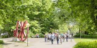 Several students walk across a path on the North Campus in the summer and green trees stand to the right and left.