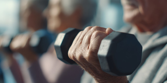 Auf dem Foto sieht man eine ältere Person, die eine Hantel in der Hand hält und das Gewicht stemmt.