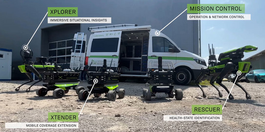 Foto: Mehrere grün-schwarze Roboter stehen vor einem Laborfahrzeug der TU Dortmund.