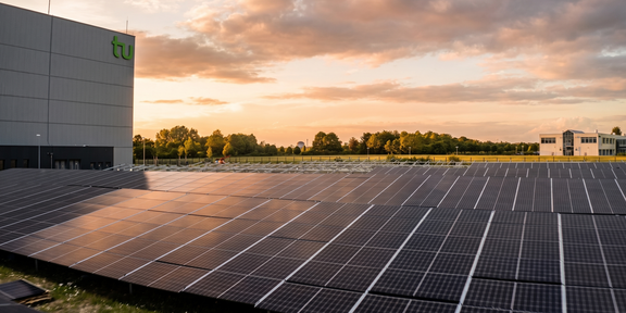 Foto: Eine große Fläche mit Solarpaneelen liegt neben einem Gebäude.