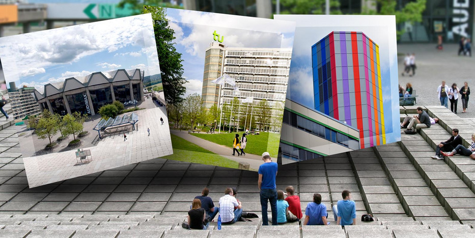 A Montage of photos that show buildings from the three Ruhr Alliance universities