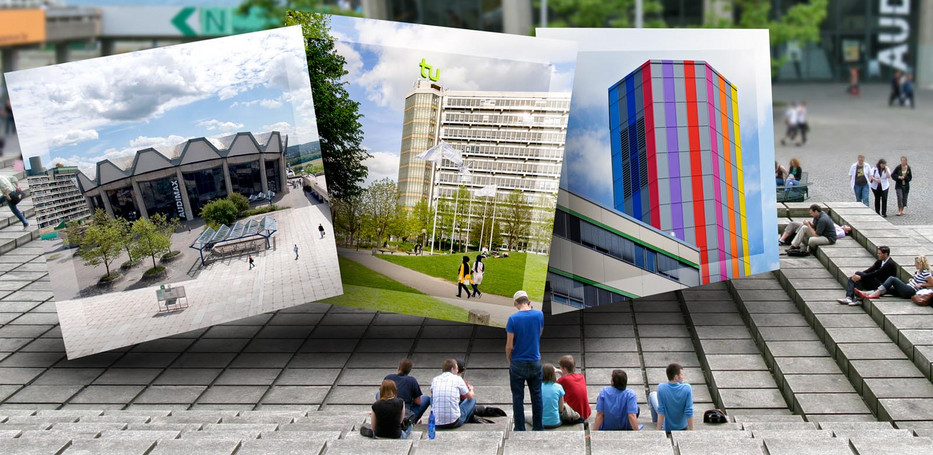 Photomontage from photos of the buildings of University Duisburg-Essen, Ruhr University Bochum and TU Dortmund. 
