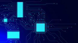 An illustration of light blue circuits between different chips against a dark blue background.