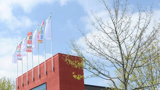 H-Bahn neben rotem Gebäude mit mehreren wehenden internationalen Flaggen im Wind, umgeben von Bäumen